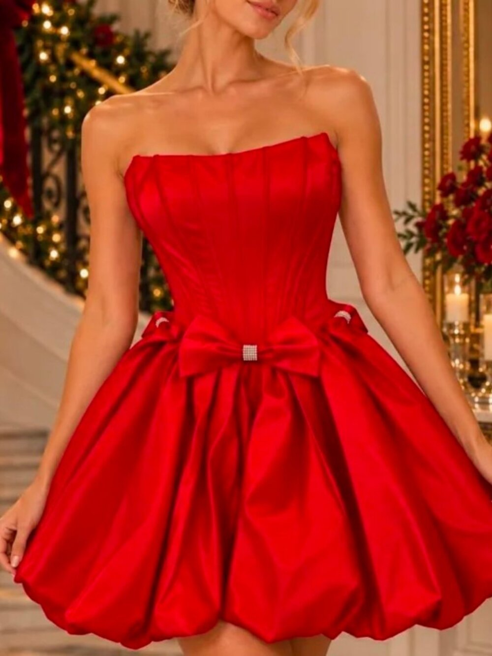 Size 10 Couture Lee Red Rhinestone Bow Satin Bubble Mini Dress NWT
